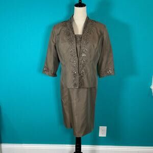Alex Evenings Brown Beaded Midi & Jacket 2 Piece Dress Wedding Size  10P